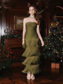 Anewsta Women's Elegant Rhinestone Fringe Strapless Waist Cinching Long Party Dress