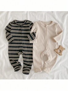 Loomiva 新生男婴/女婴条纹针织柔软圆领长袖连体衣和裤子两件套 - 彩色 - 查看 3