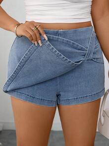 SHEIN Elenzya Plus Size Women Elegant & Comfortable Light Blue Stretch Denim Skirt - Light Wash - View 6