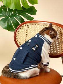 PETSIN 1件宠物猫狗通用时尚帅气蓝色休闲学院风棒球夹克，带天鹅绒内衬，舒适可拉袢狗狗外套 - 藍色 - 查看 2