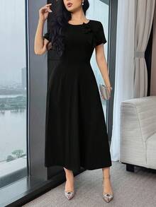 Modelyn Đầm dự tiệc midi nữ màu trơn, trang trí nơ 3D, thanh lịch, thắt eo. - màu đen - Xem 6