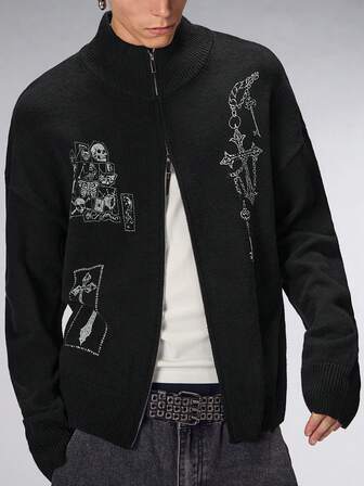Goth Men's Dark Cross & Skull Graphic Zip-Up Casual Crew Neck Knit Cardigan