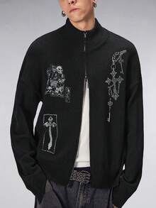 ROMWE MEN Goth Cardigan de punto con cuello de tripulación, cierre de cremallera, gráfico de cruz oscura y calavera, para hombre - Negro - Ver 5