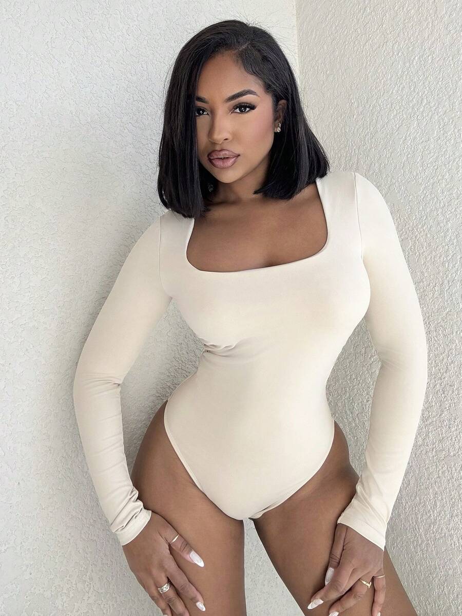 Alexandranx Women's Casual Solid Color Square Neck Long Sleeve Bodysuit - Beige - View 1