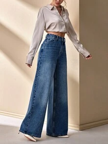 CLARA VERO Woman Low Waist Loose Wide Leg Casual Denim Jean - Dark Wash - View 5
