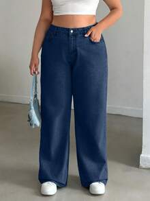 EURMUSE 100%Cotton HIGH RISE STRAIGHT CUT PLUS SZIE WOMEN JEAN - Dark Wash - View 6