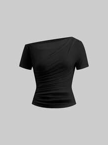 Ellevyn 女士褶皱修身不对称肩短袖上衣嘉年华服装女士夏季休闲上衣 - 彩色 - 查看 5