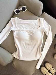 SHEIN 女士纯色方领长袖休闲透气T恤 - 白色 - 查看 4