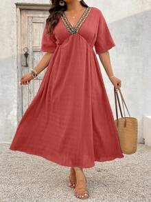 SHEIN VCAY 大码V领短袖复古宽松休闲长裙 - 珊瑚橙 - 查看 6