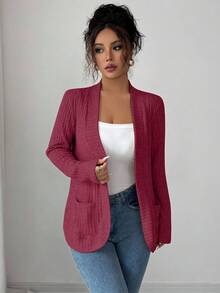 SHEIN PETITE 女款休閒螺紋刷毛開襟側口袋短版輕量外套 紅色開襟外套 女款開襟外套 有口袋休閒開襟外套 紅色長袖開襟外套 - 酒紅色 - 查看 7