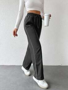 SHEIN Women's Drawstring Waist Pockets Straight Loose Casual Sweatpants - Dark Grey - View 3