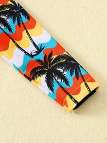 SHEIN 婴儿/男婴撞色可爱橙色棕榈树印花长袖防晒泳衣及短裤套装，适合海滩、度假、冲浪、婴儿泳装 - 橘色 - 查看 6