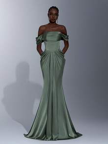 Elitara Elegant Minimalist Green Off Shoulder Strapless Ruffle Asymmetric Hem Fishtail Maxi Dress, Suitable For Wedding Events, Formal Autumn/Winter Gown - Olive Green - View 7