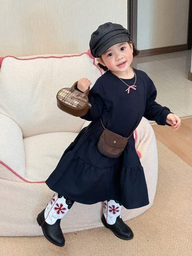 Toddler Girls' Round Neck Solid Color Casual Korean Style Long Sleeve Dress