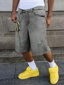 Manfinity EMRG Men's Light Blue Washed Vintage Distressed Loose Casual Denim Shorts - Light Grey - View 5