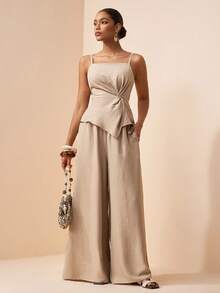 Zivah 2026 Spring/Summer New Valentine's Day, Music Festival, Easter Western, Nomadic, Bohemian Casual Vacation Elegant Commute Camisole With Twisted Waist & Asymmetrical Hem + Wide Leg Pants Khaki 2-Piece Set - Khaki - View 5