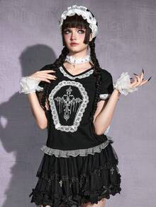 ROMWE Gothic Doll Cross Contrast Lace Bodycon T-Shirt - Black - View 9