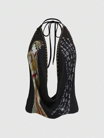 Grunge Punk ملابس علوية أنثوي بياقة عميقة منسدلة مطبوع بطباعة معدنية لامعة بتصميم ريترو لثقافة فرعية Y2K بنقوش الغيشا والخط الصيني