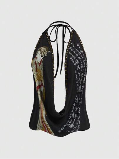 Grunge Punk Y2K Subculture Retro Rivet Geisha Calligraphy Print Metallic Foil Sexy Deep Draped Neck Women Tank Top