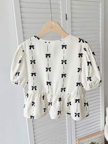 SHEIN Tween Girl Elegant Puff Sleeve Bow Decor Blouse - Multicolor - View 2