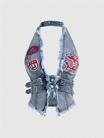 Top court en jean vintage délavé avec graphique de lettre sexy, dos nu et col montant