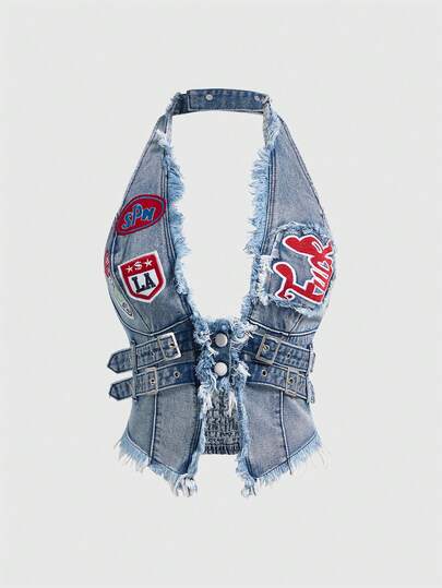 ROMWE Vintage Distressed Letter Graphic Sexy Backless Halter Denim Crop Top