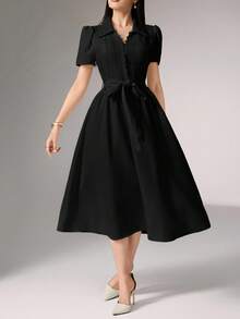 Heiryn 女士纯色蕾丝边收腰设计优雅收腰中长连衣裙，适合派对穿着 - 黑色 - 查看 3