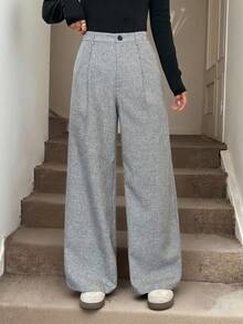 SHEIN PETITE 教师装女装灰色褶裥优雅长裤带口袋，秋冬灰色高腰阔腿裤宽松大码裤商务职业女装宽松阔腿裤秋季女装冬季女装外出下装 - 灰色 - 查看 9