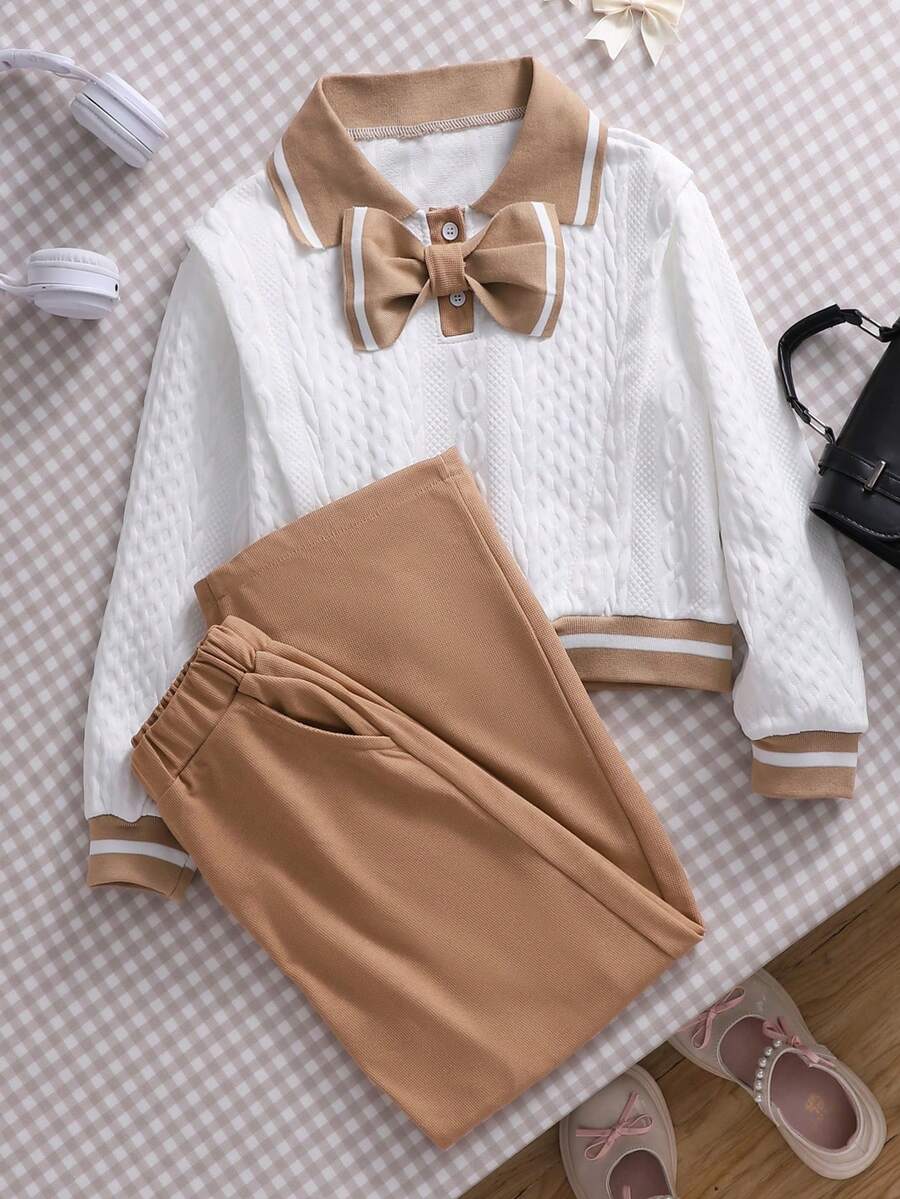 Tween Girls Casual Cute Fashion Textured Fabric Collegiate Style Navy Collar Knit 2 Pieces Set - Brown - View 1