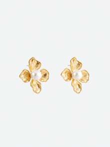 Opalesca 1 Pair Fashionable & Elegant Flower Shaped Pearl Inlaid Earrings For Women,Outfits,Old Money,Wedding/Bridal Accessories,Western Jewelry,Fairycore/Fairy,Pearl,Fall/Autumn/Winter,For Mom/Women/Girl/Mother,Elegant - Gold - View 5