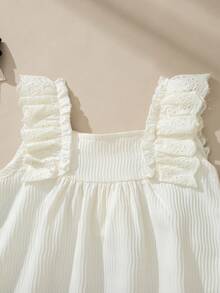 Souflis Souflis 2件套女婴幼儿/新生儿0-3岁春夏休闲度假公主风纹理编织短袖衬衫上衣和短裤套装，杏色 - 米色 - 查看 12