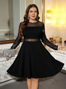 SHEIN Clasi 大码时尚派对亮片网纱拼接连衣裙 - 黑色 - 查看 11