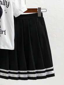 少女优雅百搭蝴蝶结装饰短袖圆领T恤套装，春夏上衣，适合度假、旅行及各种场合 - 黑色 - 查看 4