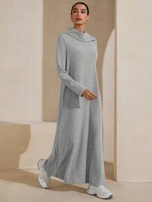 Al Najma Women's Elegant Long Sleeve Split Neck Dress In Brown, Soft Fleece Fabric, Suitable For Autumn - Grey - View 4