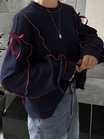 FRIFUL Women's Loose Fit Crew Neck Colorblock Wavy Hem & Sleeve Bow Decor Casual Sweatshirt