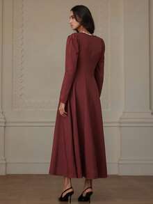 Chiquease Women's Keyhole Neck Fashionable Design Casual High-End Elegant Long Sleeve Solid Color Dress - Burgundy - View 6