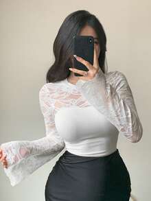 DAZY 女士圆领蕾丝拼接长袖修身两件套优雅T恤外出上衣 - 白色 - 查看 4