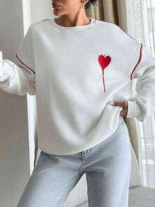 EURMUSE Cotton Red Heard Embroidered White Sweatshirt With Red Piping At Sleeves - White - View 6