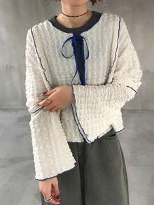 FRIFUL Women's Frill Trim Flare Sleeve Front Tie Loose Casual Blouse - Beige - View 3