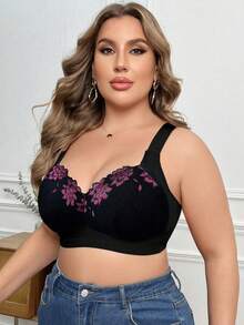 SHEIN 1 pieza Sujetador inalámbrico de encaje y parches para tallas grandes - Negro - Ver 6
