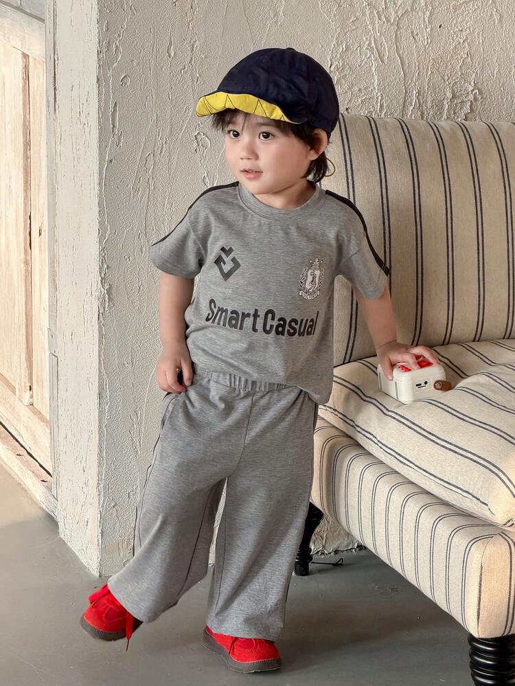 2pcs Toddler Boys Letter Print Short Sleeve T-Shirt And Long Pants Set