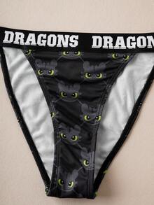 How to Train Your Dragon Women Cartoon Graphic Letter Tape Trim Low Back Bra And Panty Set - Black - View 3