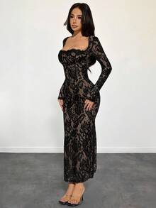 SHEIN PETITE 女士新款夏季派对约会晚宴性感S型蕾丝长袖罩杯鱼骨方领紧身黑色长裙舞会礼服，锐舞派对节服 - 黑色 - 查看 5