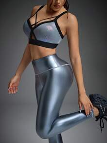 Innovista Women's Fashionable Metallic Outdoor Leggings Women Metallic Blue-Silver High-Waist PU Leather Look Leggings, V-Waist Butt Lifting Shiny Stretch Gym Tights, Squat-Proof Glossy Yoga HIIT Athleisure Pants Workout Leggings With Pocket Sport Yoga Leggings Yoga Pants With Pocket Tights With Pocket - Dark Grey - View 11