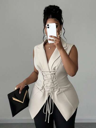 Maweii Blazer feminino plus size sem mangas com gola lapela e cor sólida