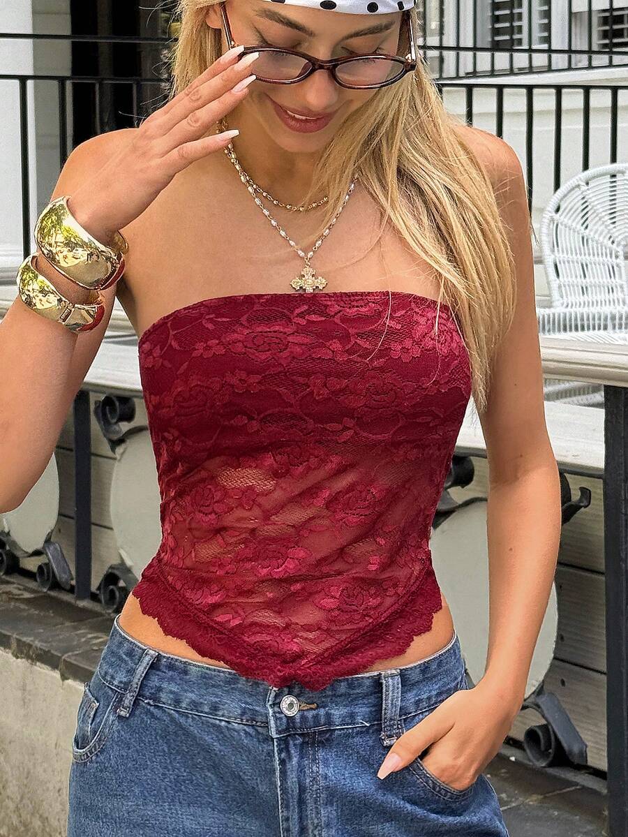 SHEIN EZwear 蕾丝拼布不对称下摆性感无袖露肩短款上衣