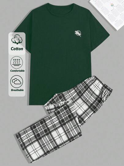 EURMUSE Cotton Men's Comfortable Casual Small Logo Print T-Shirt And Plaid Pants Pajama Set