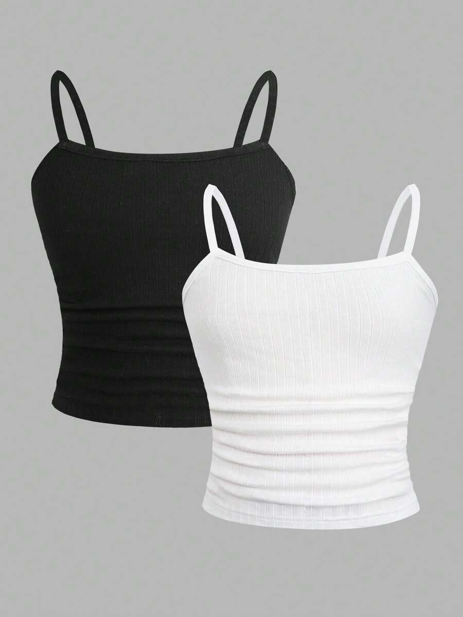 SHEIN Tween Girl Solid Color Ruched Ribbed Camisole - Black - View 1