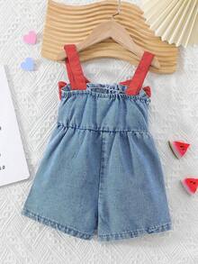 SHEIN Playful Pals 女婴/女宝宝时尚波点撞色肩带蝴蝶结装饰连体衣 - 紅色 - 查看 2