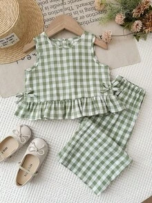 LMoss Kids LMoss   Baby Girl Plaid Ruffle Trim Camisole And Pants Set - Green - View 6
